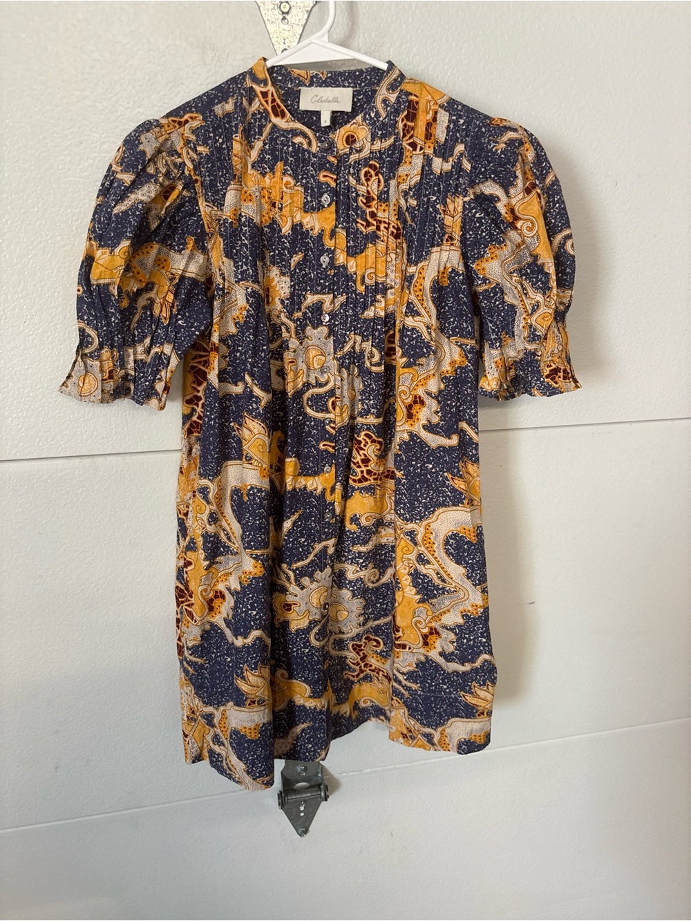 Cleobella Navy & Mustard Paisley Puff-Sleeve Mini Dress
